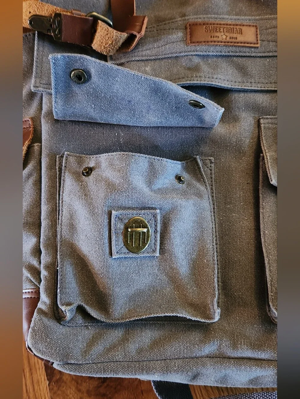 Canvas Messenger Bag with Brown Leather Trim - Gray Men's Shoulder Bag